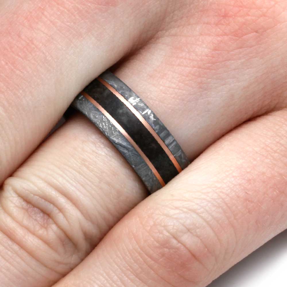 Dinosaur Bone Wedding Band With Rose Gold And Meteorite-2997 - Jewelry by Johan