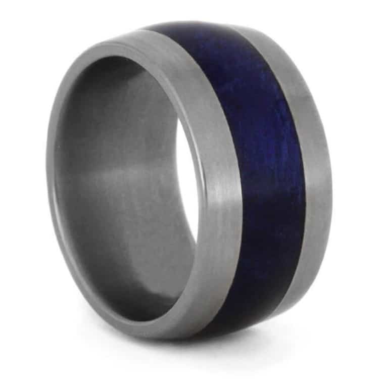 Titanium Ring with Blue Box Elder Burl Wood Inlay 5.75