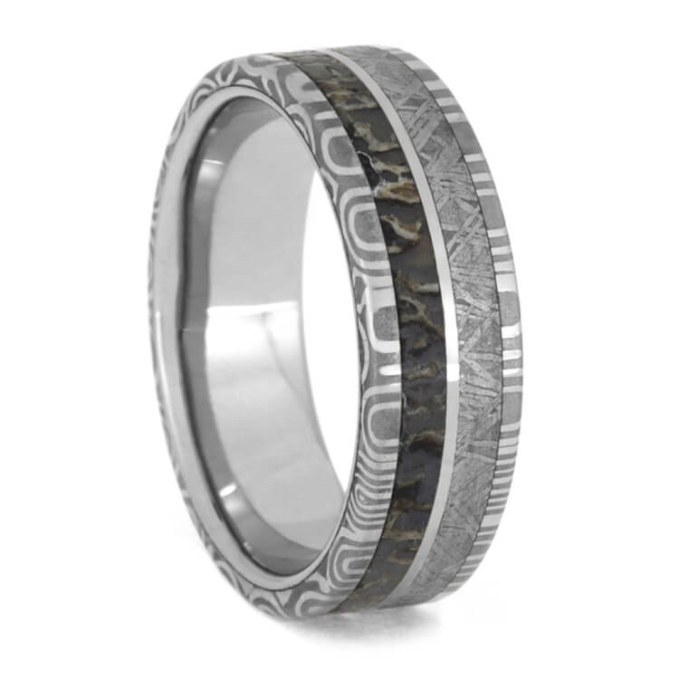 Damascus Steel Man's Ring, Meteorite And Dinosaur Bone Wedding Band-3615 - Jewelry by Johan