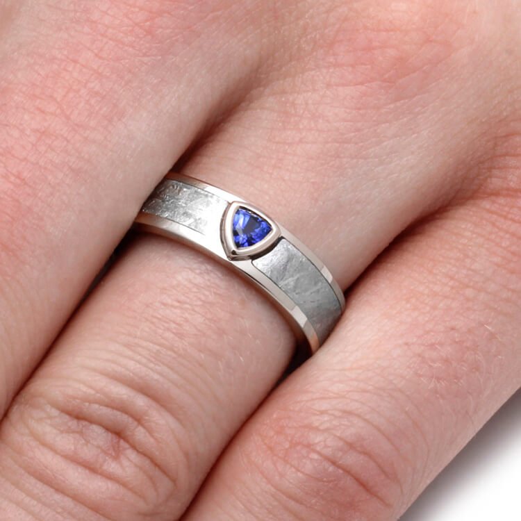 Men's White Gold Wedding Band With Blue Sapphire and Meteorite-2064 - Jewelry by Johan