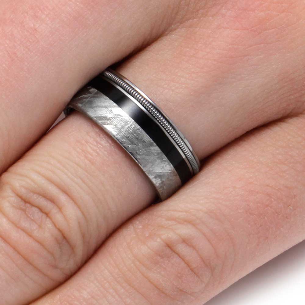 Guitar String Ring With Meteorite And Ebony Wood In Titanium-3404 - Jewelry by Johan