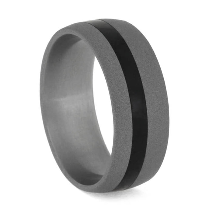 Sandblasted Titanium Ring With Ebony Wood Pinstripe-3634 - Jewelry by Johan