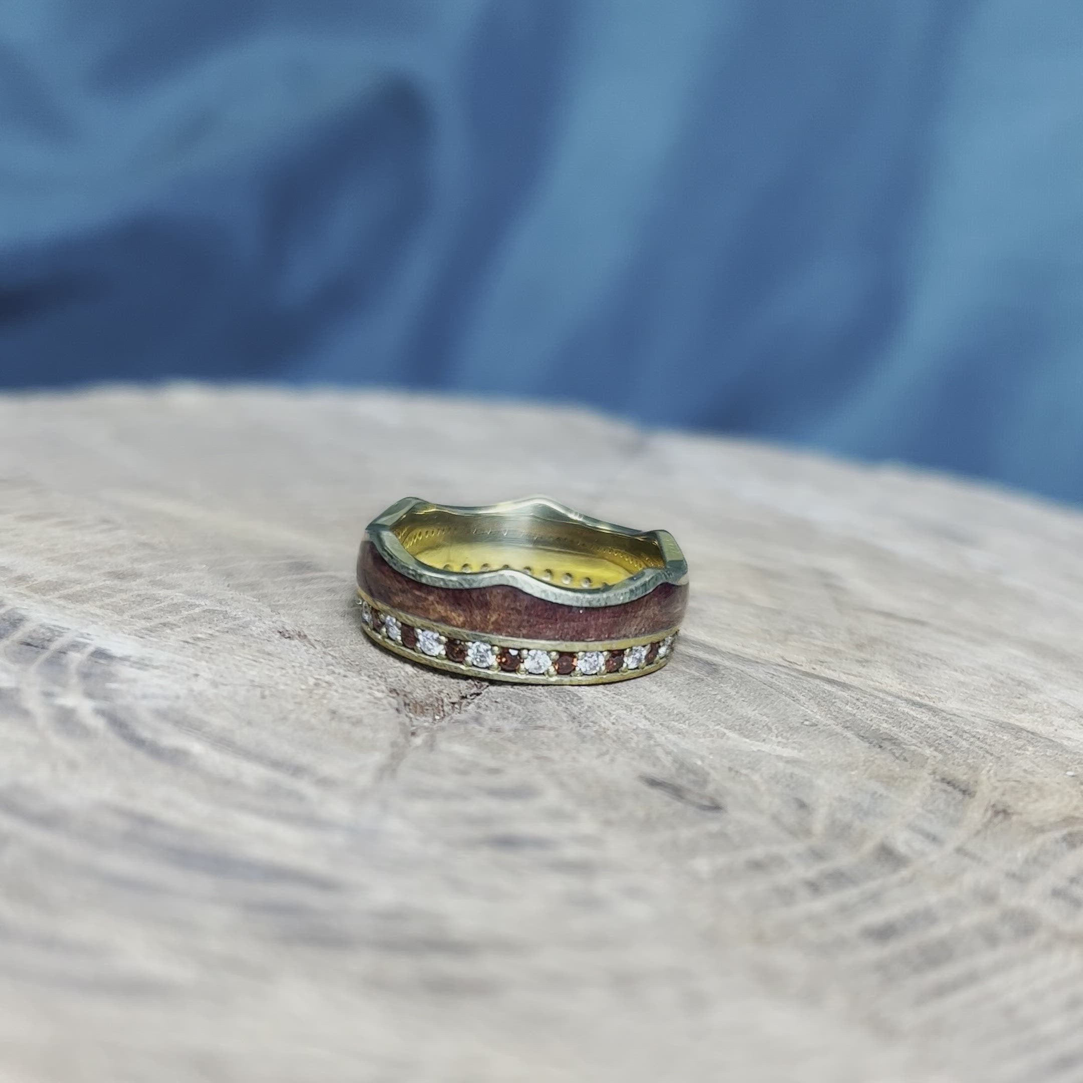 Crown Ring, Gemstone Eternity Wedding Band with Wood Inlay