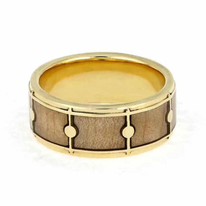 Drum Ring With Yellow Gold, Maple Wood Ring For Musicians-3809 - Jewelry by Johan