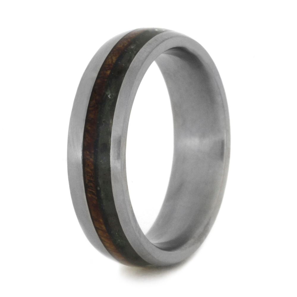 Titanium Ring with Crushed Green Sea Glass and Mesquite Burl-2002 - Jewelry by Johan