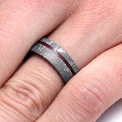 Meteorite Ring with Bloodwood Sleeve and Pinstripe-2247 - Jewelry by Johan