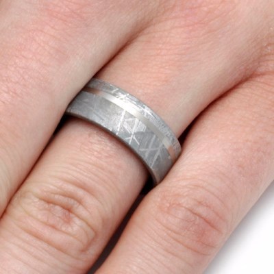 Mens Meteorite Wedding Band With Offset Titanium Pinstripe-2073 - Jewelry by Johan