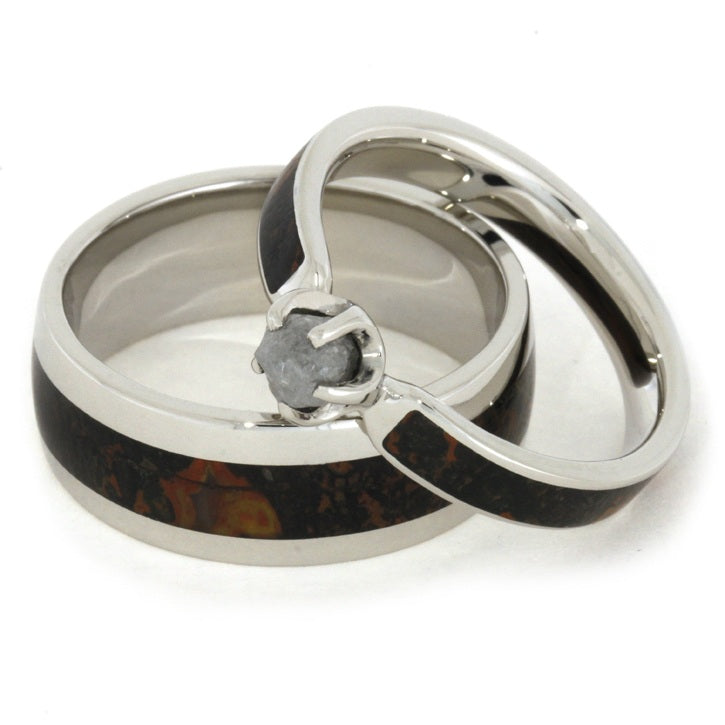 Dino Bone Wedding Ring Set With Rough Diamond Engagement Ring