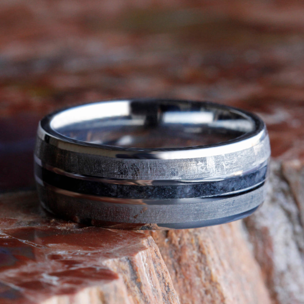 Meteorite Wedding Band With Crushed Onyx, Mens Titanium Ring-3359 - Jewelry by Johan