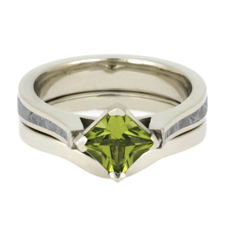 Peridot Bridal Set, Meteorite Engagement Ring With Matching Band