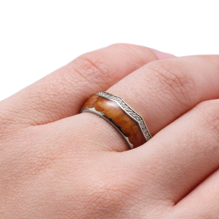 Diamond Eternity Wedding Band, Teak Wood Crown Ring With White Gold-DJ1014WG - Jewelry by Johan
