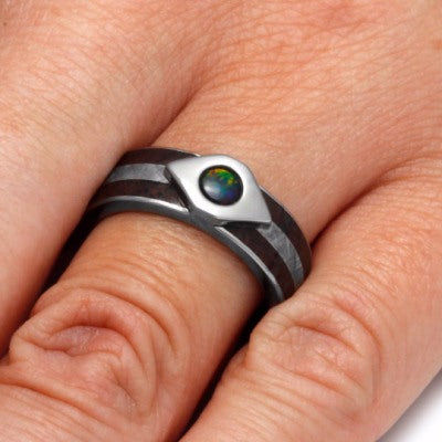 Black Fire Opal Ring With Dinosaur Bone And Meteorite Inlays-2181 - Jewelry by Johan