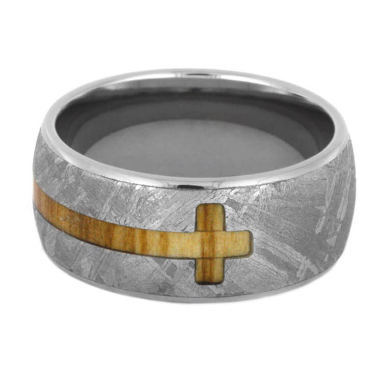 Olive Wood Cross Ring, Gibeon Meteorite Ring With Titanium-2291 - Jewelry by Johan