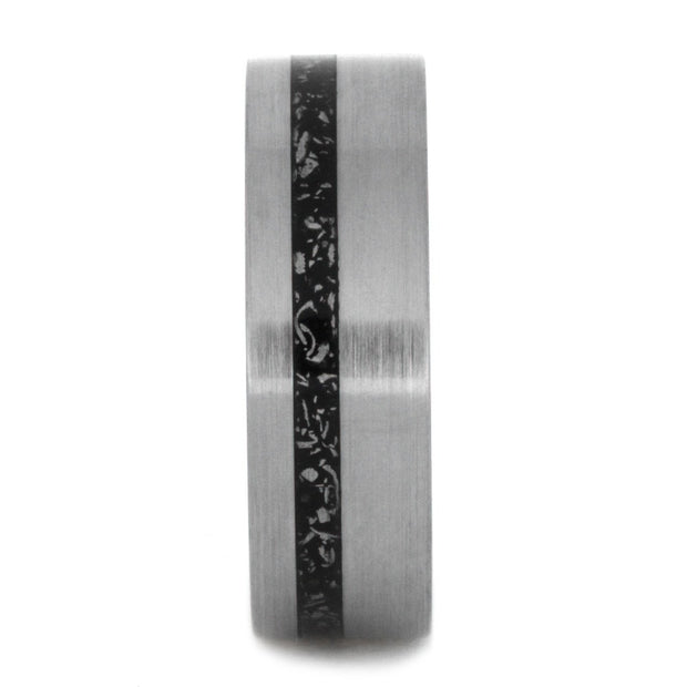 Brushed Titanium Ring With Offset Black Stardust™ Inlay And Ironwood Sleeve-2771 - Jewelry by Johan