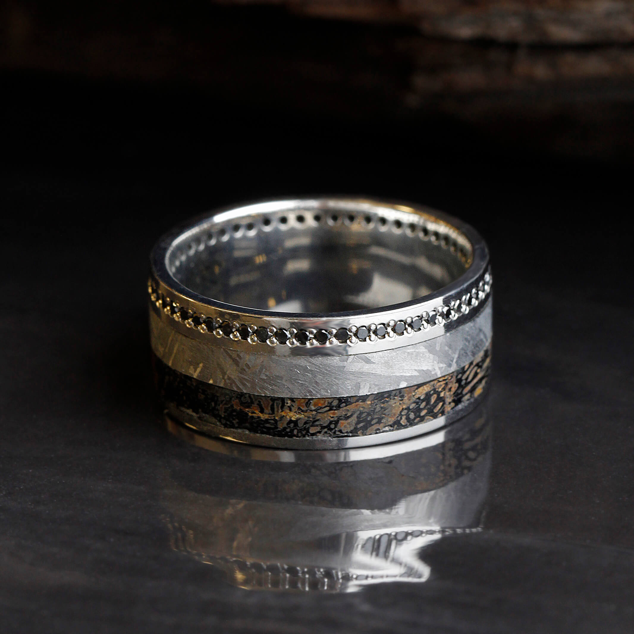 Black Diamond Eternity Wedding Band for Men with Dinosaur Bone and Meteorite-DJ1021WG - Jewelry by Johan
