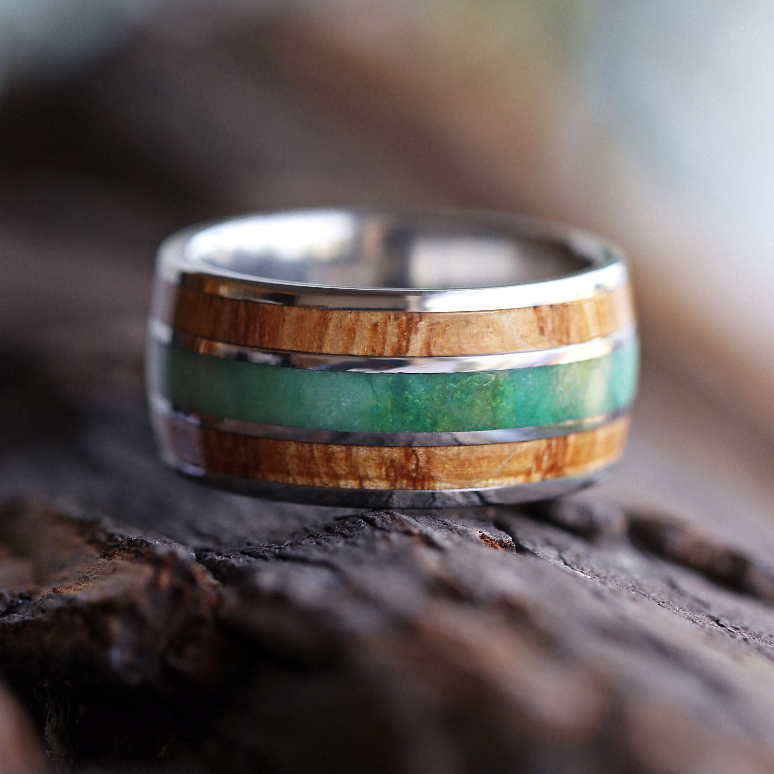 Titanium Ring with Chrysocolla and Natural Oak Wood Bands-1619 - Jewelry by Johan
