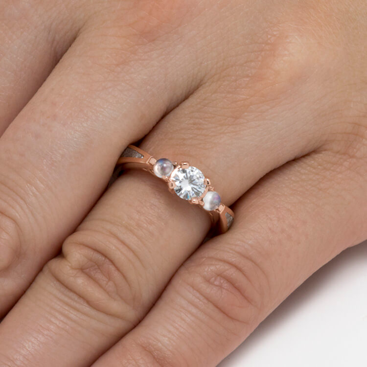Rose Gold Engagement Ring With Meteorite, Moissanite, And Moonstones-3721 - Jewelry by Johan