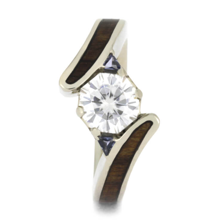 Moissanite Engagement Ring With Tanzanite Accents, Wood Ring in White Gold-2581 - Jewelry by Johan