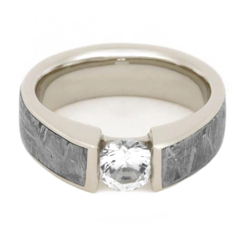Tension Set White Sapphire Ring with Meteorite in White Gold-1805 - Jewelry by Johan