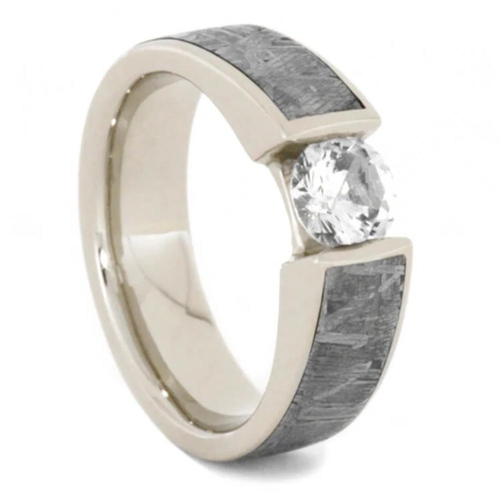 Tension Set White Sapphire Ring with Meteorite in White Gold-1805 - Jewelry by Johan