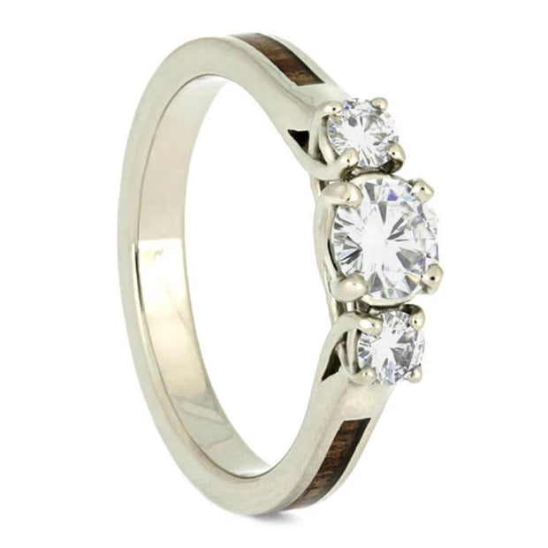 Three Stone Ring With Koa Wood, White Gold Engagement Ring With Moissanites-2656 - Jewelry by Johan