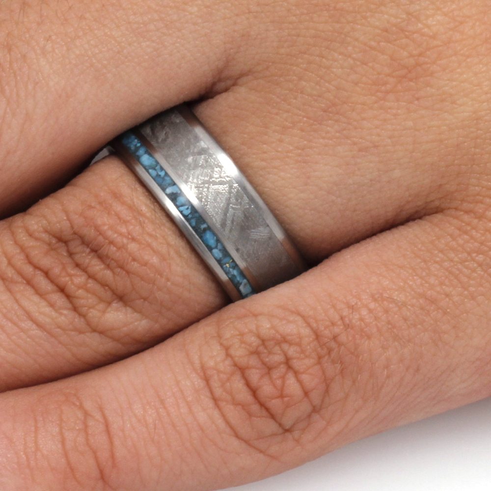 Titanium and Meteorite Men's Wedding Band with Turquoise-3291 - Jewelry by Johan