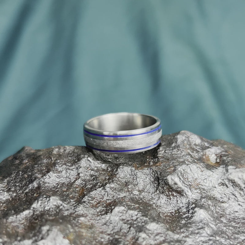 Men's Meteorite Wedding Band with Stripes of Blue Enamel