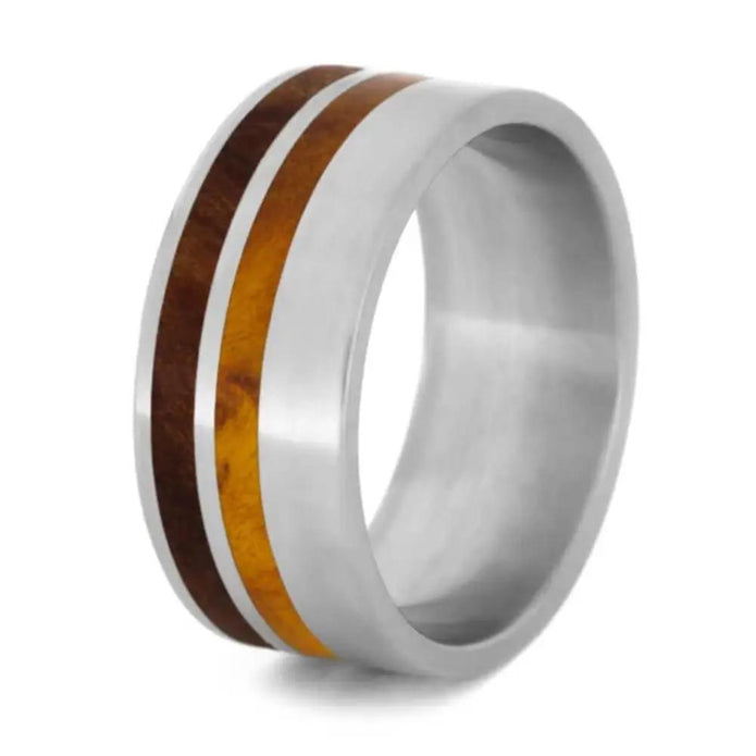 Wood Striped Ring with Redwood and Gold Box Elder Burl in Titanium-1143 - Jewelry by Johan
