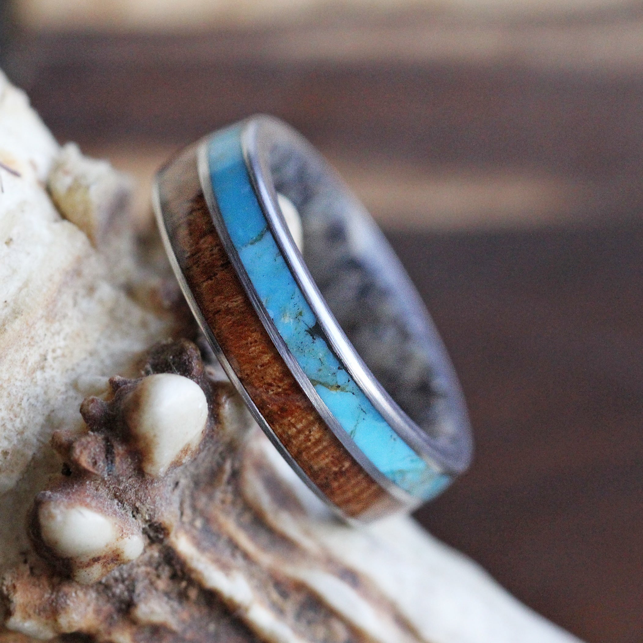 Mesquite Wood Ring With Antler Sleeve And Turquoise-2266 - Jewelry by Johan