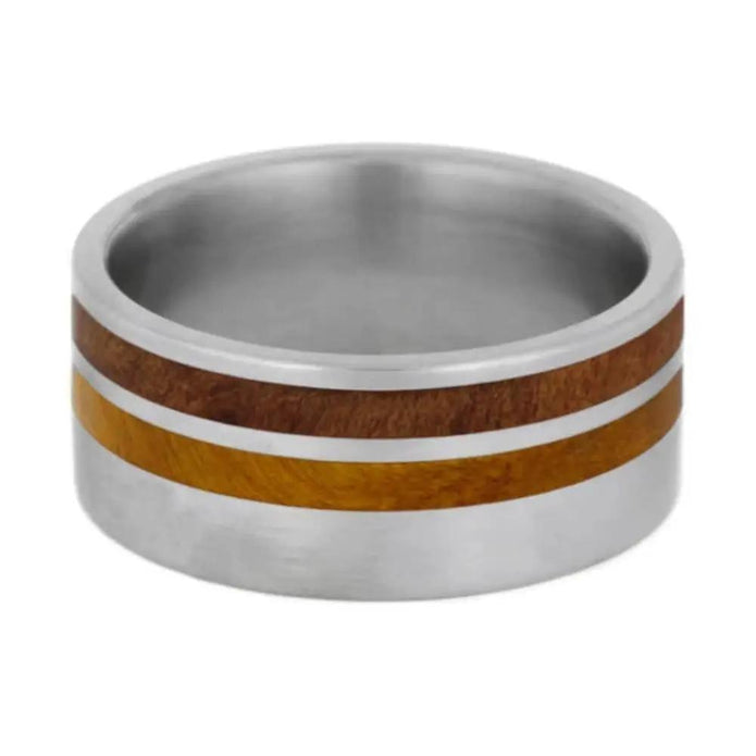 Wood Striped Ring with Redwood and Gold Box Elder Burl in Titanium-1143 - Jewelry by Johan