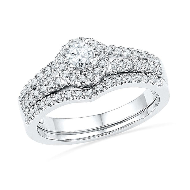 Sterling Silver Diamond Halo Wedding Ring Set