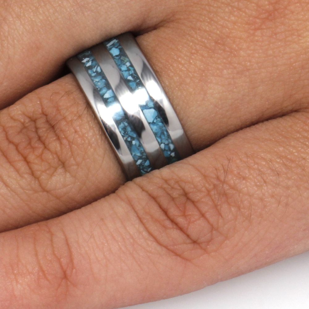 Turquoise Ring In Titanium, Crushed Turquoise Wedding Band-3299 - Jewelry by Johan