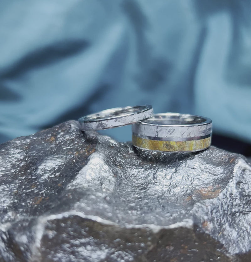 Meteorite and Dino Bone Matching Wedding Bands