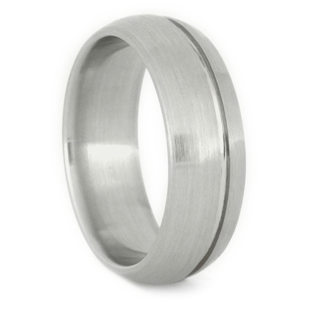 White Gold Men's Wedding Band with a Grooved Pinstripe