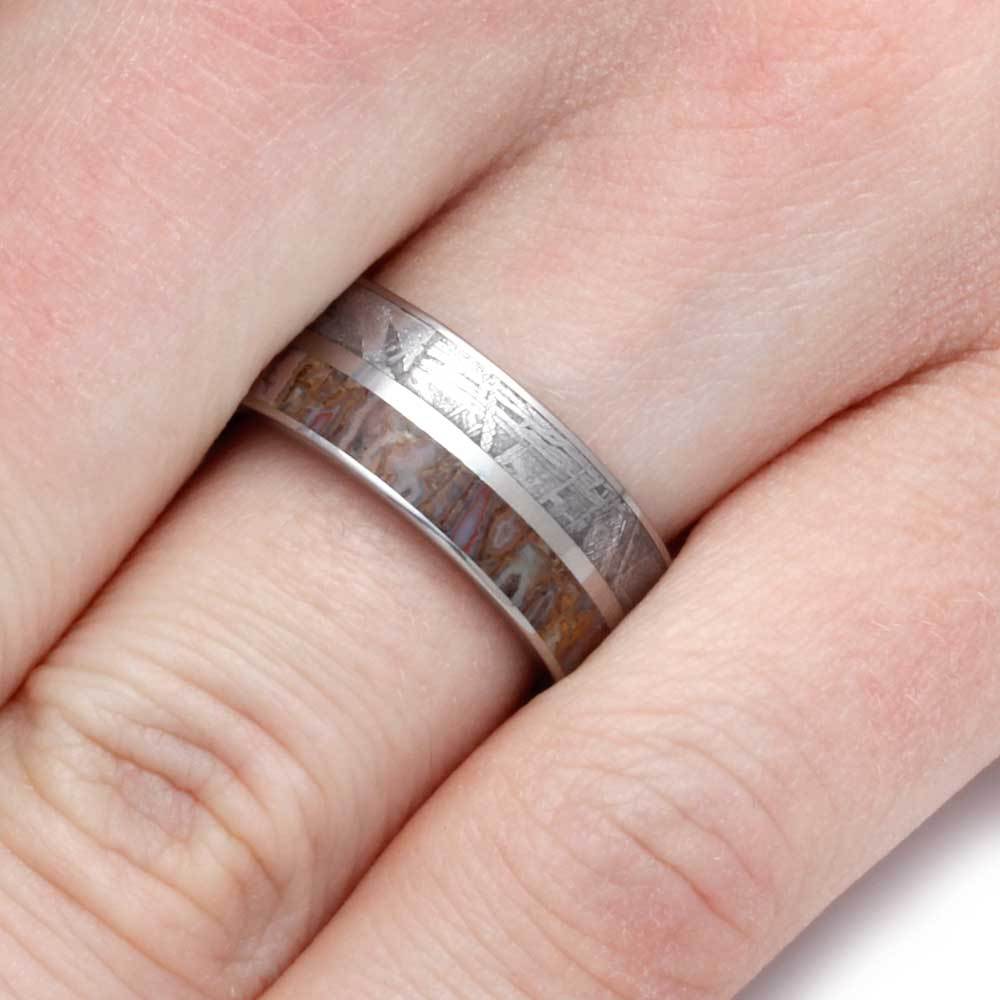 Titanium Ring With Gibeon Meteorite And Dinosaur Bone Separated By Titanium Pinstripe-1622 - Jewelry by Johan