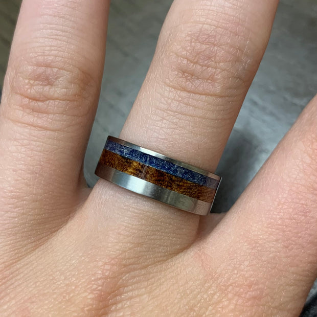 Blue Sea Glass And Mesquite Wood Wedding Band