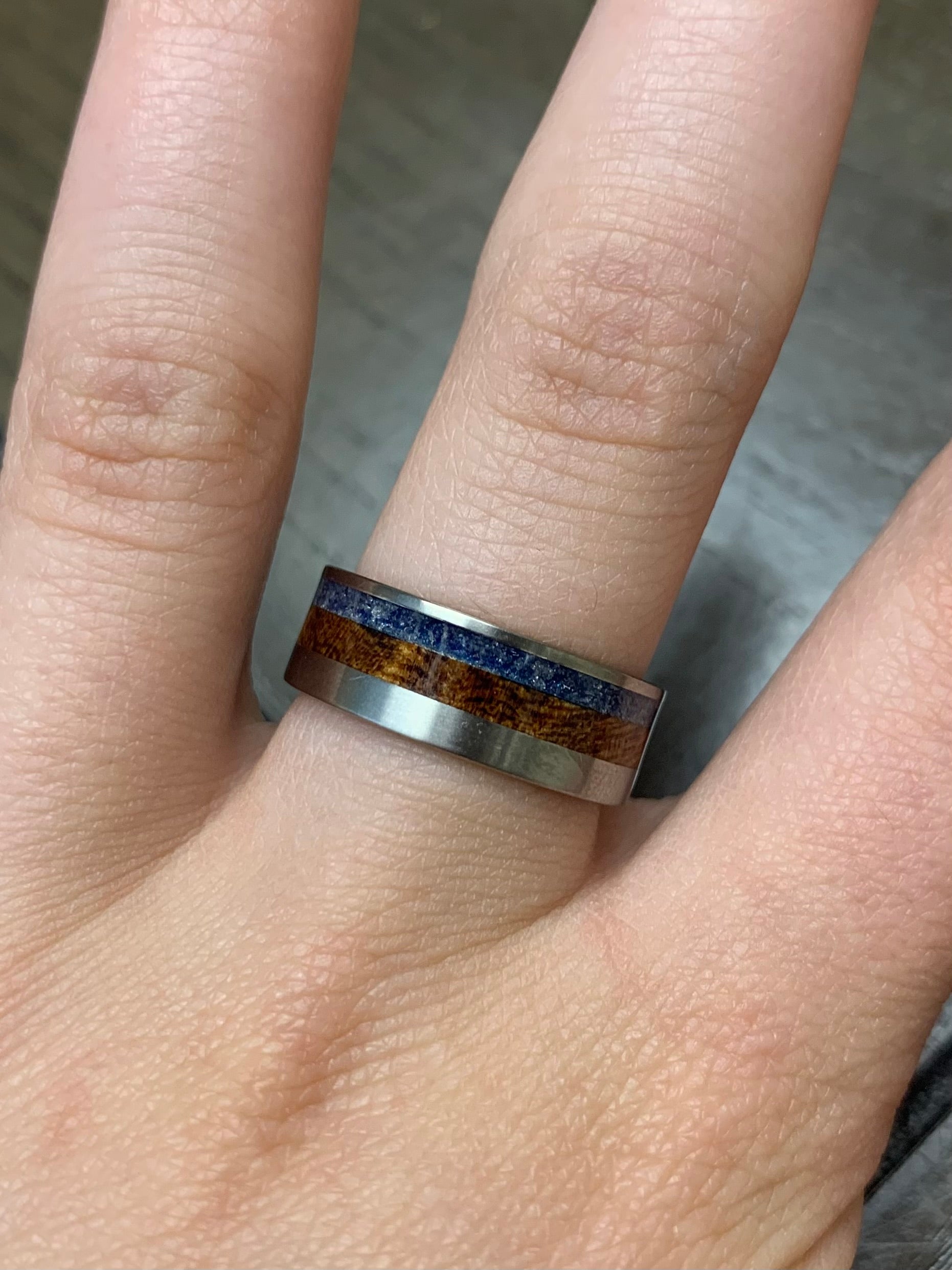 Blue Sea Glass And Mesquite Wood Wedding Band