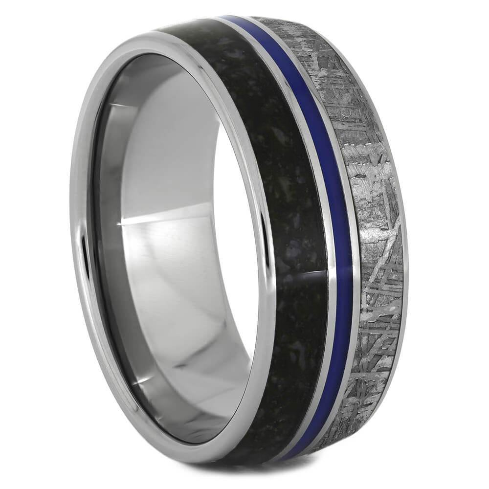 Meteorite & Dinosaur Bone Ring With Blue Enamel Stripe-1467 - Jewelry by Johan