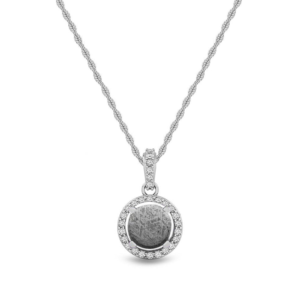 Meteorite & Diamond Halo Pendant Necklace With Accented Bail