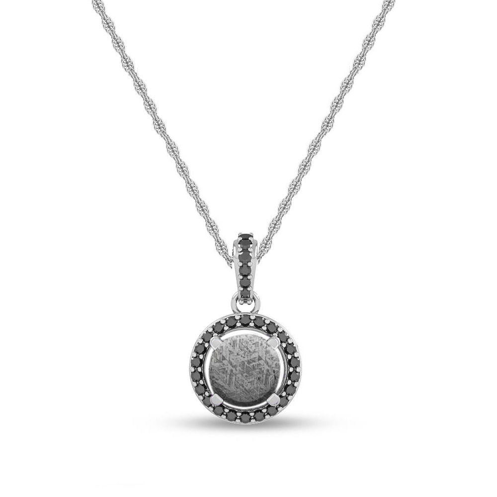 Meteorite & Black Diamond Halo Necklace With Gemstone Bail