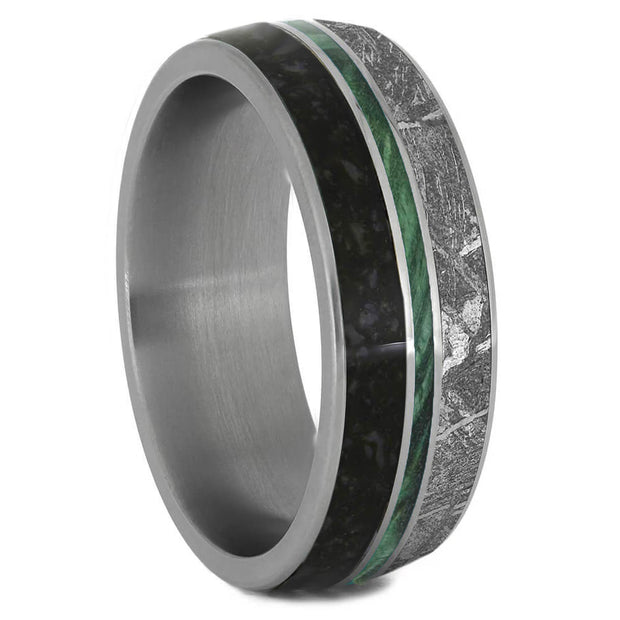 Men's Wedding Band With Green Box Elder Burl Wood, Dino Bone & Meteorite-1893 - Jewelry by Johan
