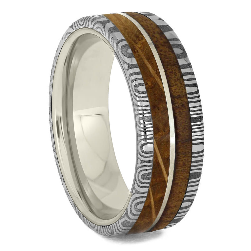 White Gold Wedding Band With Damascus And Wood-2144 - Jewelry by Johan