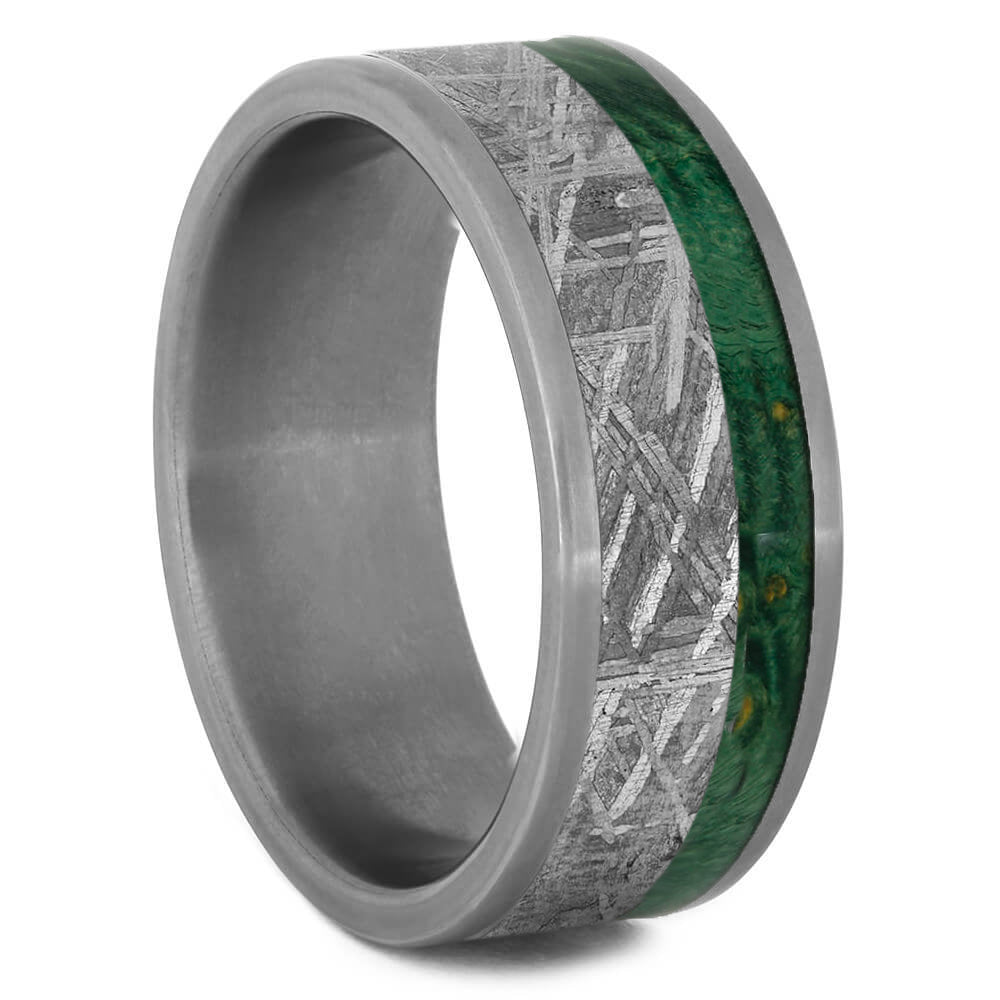 Green Wood Wedding Band, Meteorite Ring With Box Elder Burl Wood-2449 - Jewelry by Johan