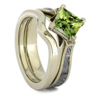 Peridot Bridal Set, Meteorite Engagement Ring With Matching Band