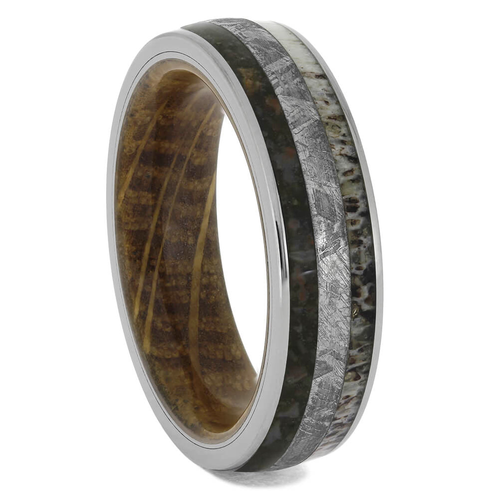 Meteorite and Dinosaur Bone Wedding Band with Whiskey Wood Sleeve-4048 - Jewelry by Johan