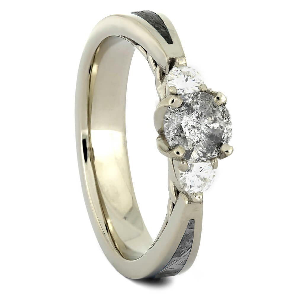 Salt & Pepper Diamond Engagement Ring with Dinosaur Bone & Meteorite - Jewelry by Johan
