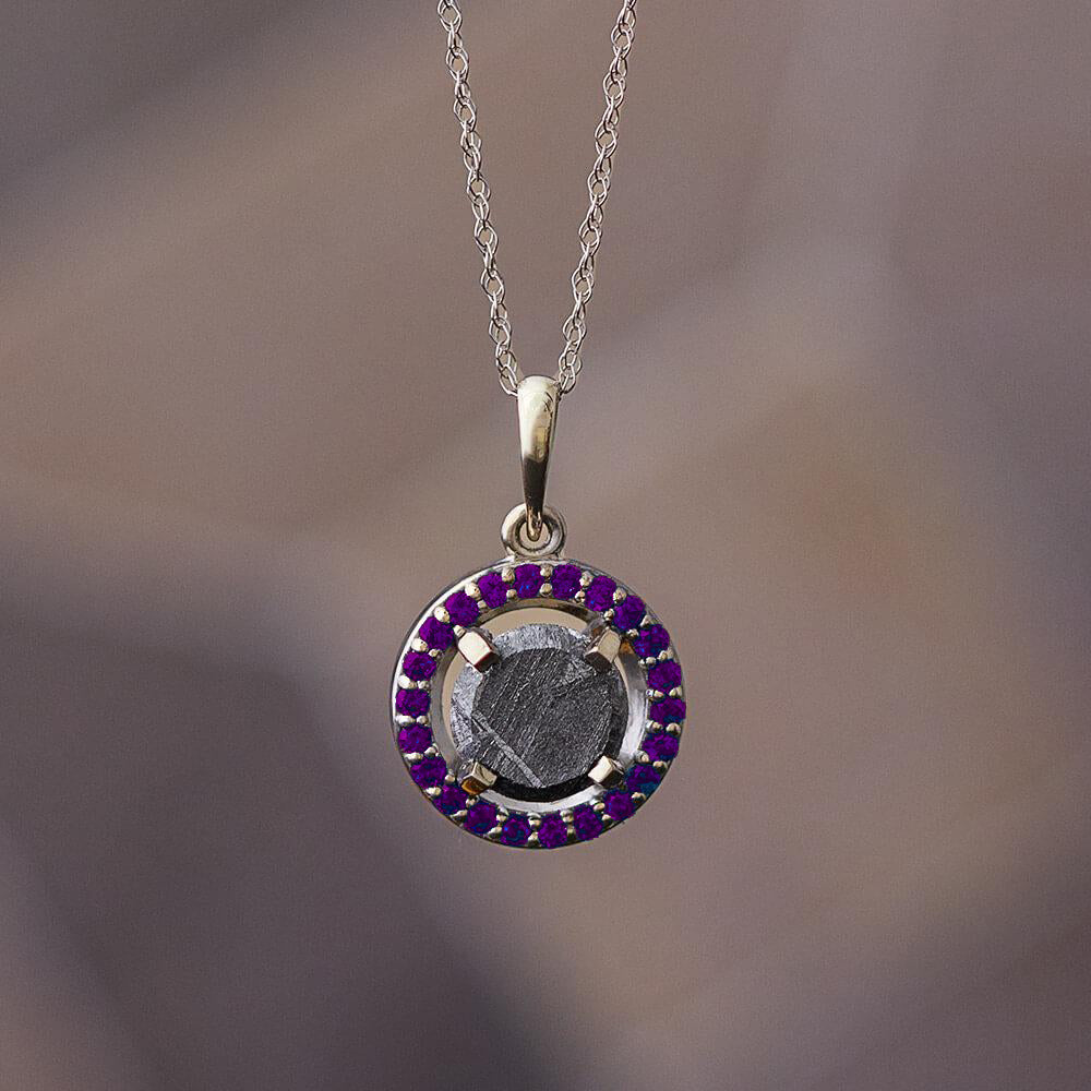 Meteorite Halo Birthstone Pendant Necklace