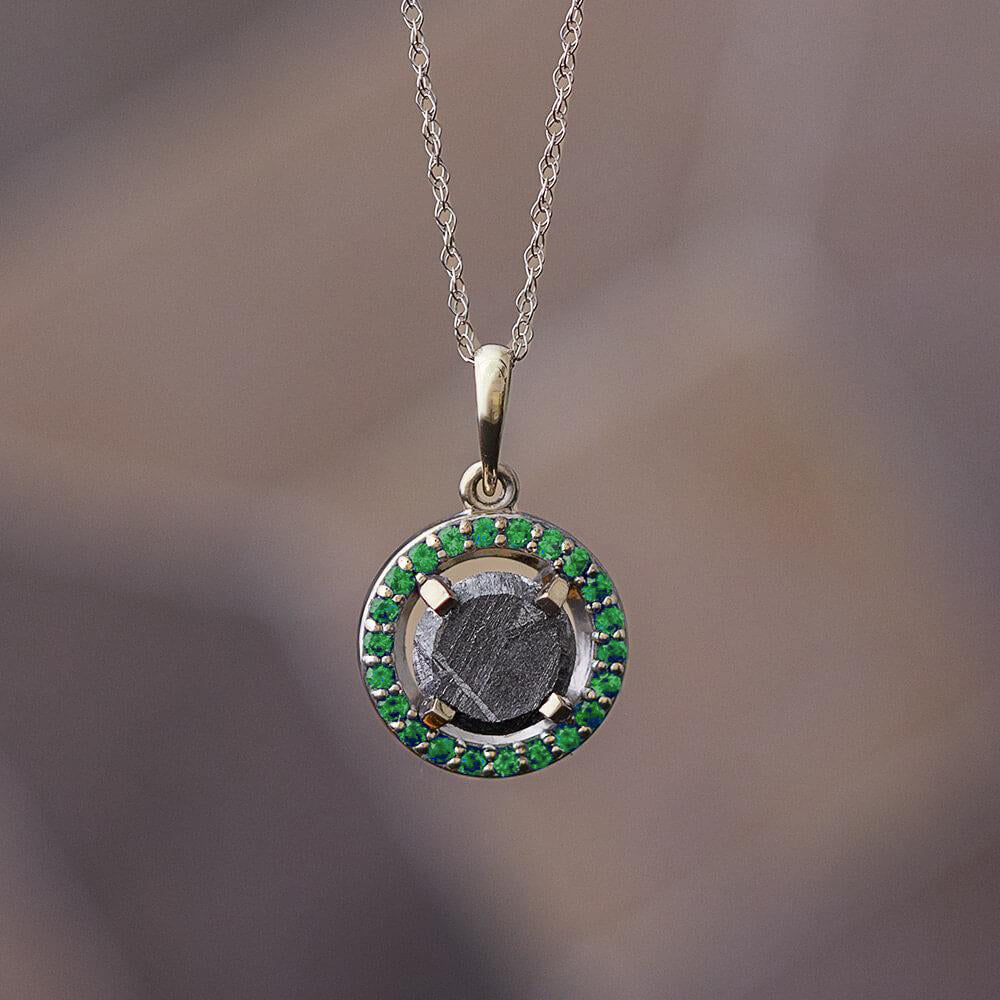 Meteorite Halo Birthstone Pendant Necklace