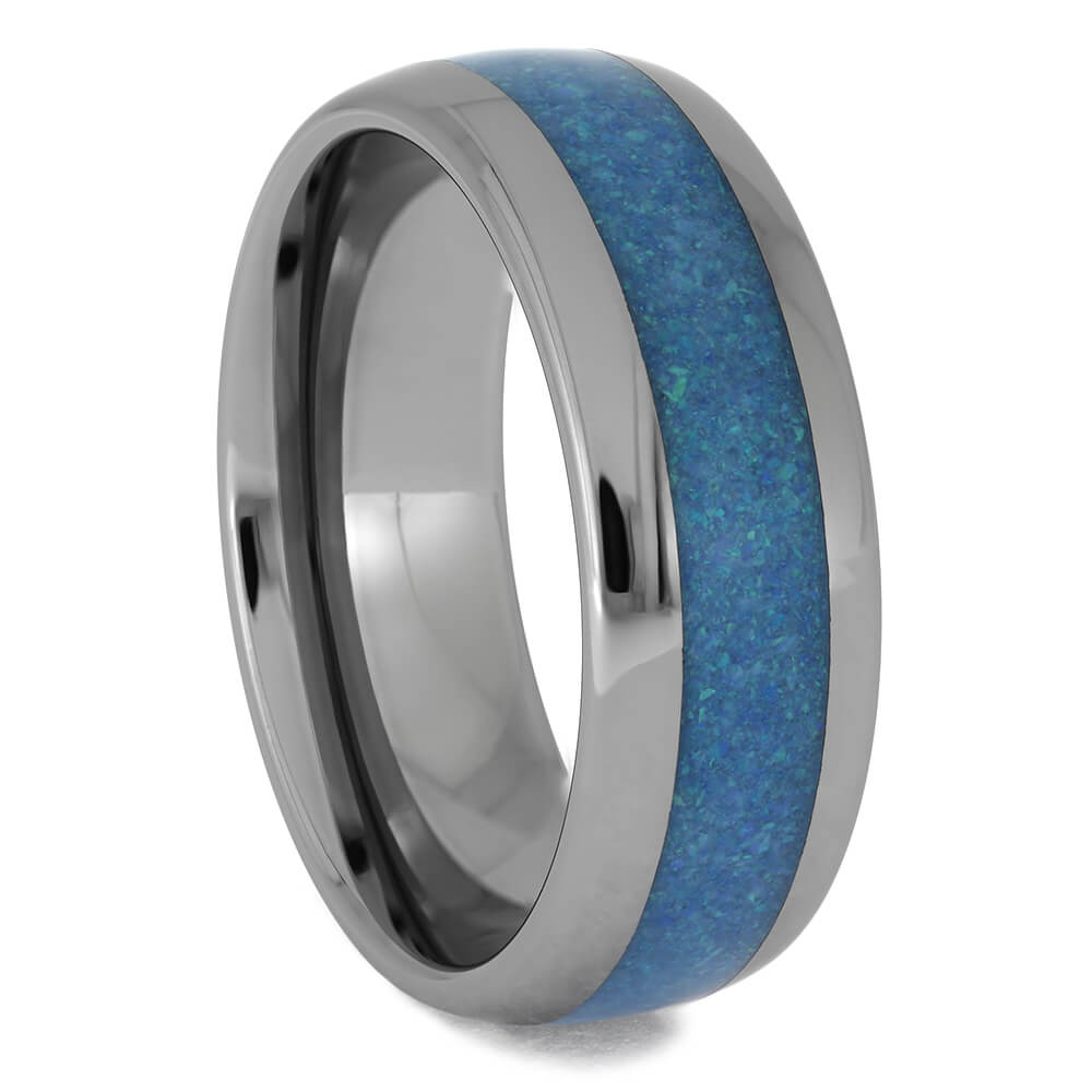 Round Tungsten Ring with Blue Opal